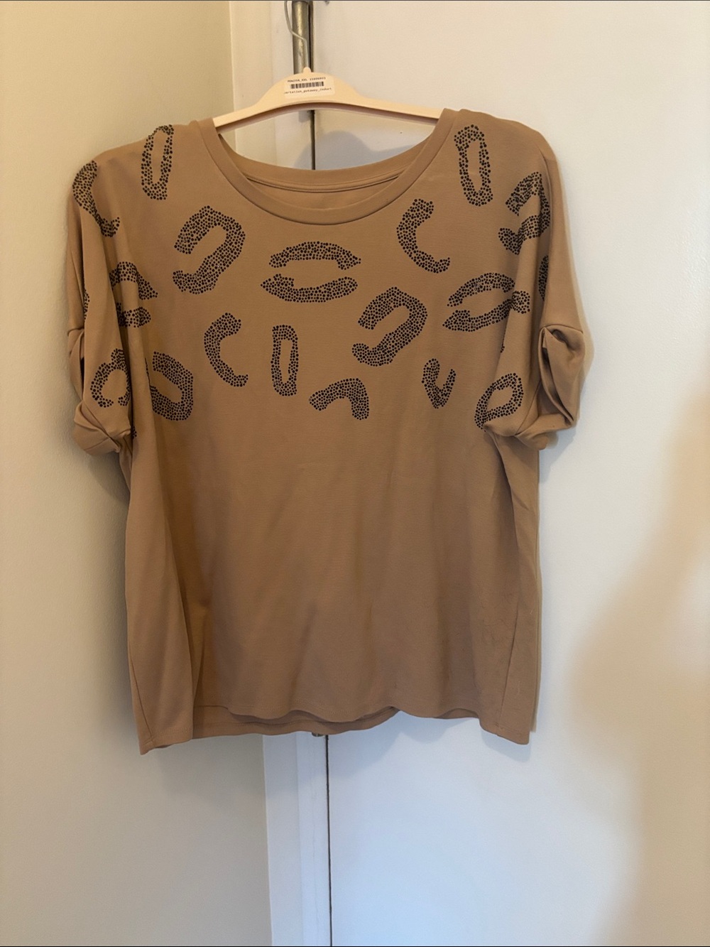 Anne Klein Tan Short Sleeve Top with Black Animal Spot Accents